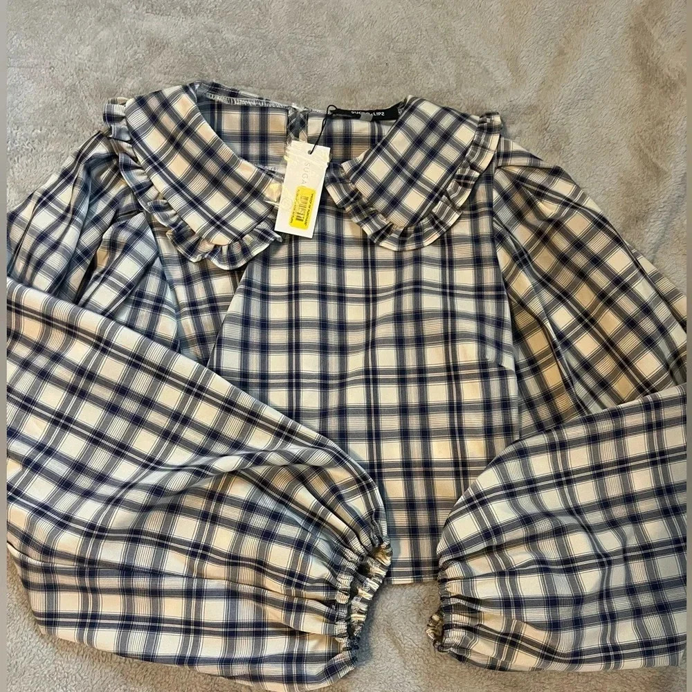 NWT women’s ruffle color long sleeve navy plaid blouse sugar lips size small